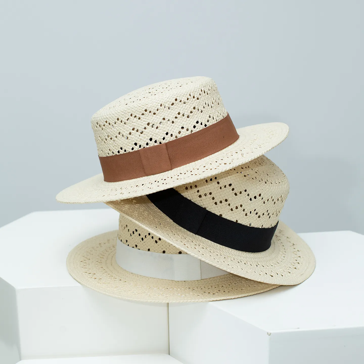 Woven Straw Boater Hat with Ribbon